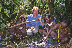 2000 - Patrick Blanc during lunch in forest with Una papoos, Laryé, West Papua, April 2000