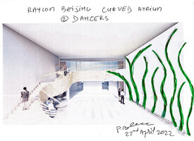 Curved Atrium at Raycom, Beijing, Initial proposition  by Patrick Blanc, the Dancers
