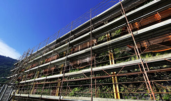 End of the plant installation on the East façade vertical garden, Oiken electric station, Sion, June 2026