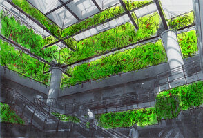 First project of suspended green living fences by Patrick Blanc for the renovation of the Creteil Soleil shopping mall in France, July 2001