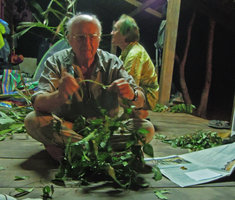 Francis Hallé and Patrick Blanc at night, preparing herbarium specimen, Phou Hin Poun, Khammouane, Laos, Jan. 2012