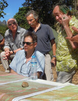 Francis Hallé, Gilles Ebersolt, Dany Cleyet Marrel and Patrick Blanc examining a map during the Canopy Raft, Radeau des Cimes expedition preparation, Phou Hin Poun NBCA, Khammouane, Laos, Jan. 2012