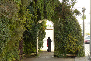 Green Gate, Vertical Garden by Patrick Blanc, Lady walking through the door, Bahrain, Jan. 2017