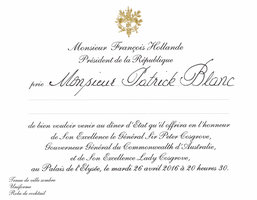 Invitation par Président Hollande, Dîner d&#039;Etat, Palais de l&#039;Elysée, 26 avril 2016