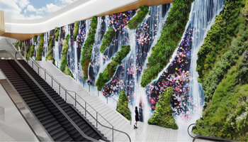 Lights of Jungle and People, a living and digital waterfall by TeamLab and Patrick Blanc for C. Future City, Shenzhen