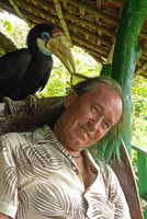 Miss Joan, Aceros plicatus, plays with Patrick Blanc&#039;s green hairs, Karawari, Sepik, Papua New Guinea, March 2016