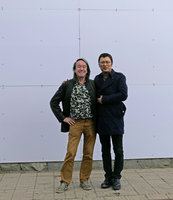 Mr Meng and Patrick Blanc in front of the mock up for the first vertical garden at West Sea Art Bay, Qingdao, China, April 2017
