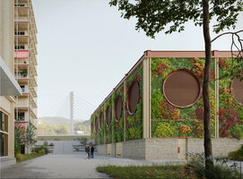 Oiken electric substation covered with vertical gardens, rendering by Memento, Sion, Switzerland