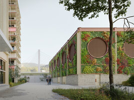 Oiken station covered with vertical gardens, rendering by Memento, Sion, Switzerland