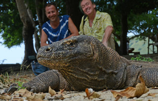 Pascal Heni and Patrick Blanc behind Varanus komodoensis, Komodo, April 2013