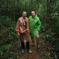 Pascal Heni and Patrick Blanc under heavy rain, Bach Ma NP, 1200 m asl, Hue, Vietnam, Oct. 2018