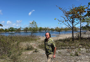 Patrick Blanc along the Ira Lalaro dry banks, the trees with submerged base of trunk being mostly Neolamarckia cadamba, Nino Konis Santana NP, Timor-Leste, Aug. 2026