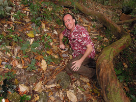 Patrick Blanc among blackish, greenish and mottled forms of Begonia blancii in its habitat, El Nido, Palawan, Philippines, March 2014