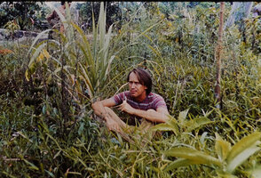 Patrick Blanc among grasses in a deforested area, Jambi, Sumatra, May 1983