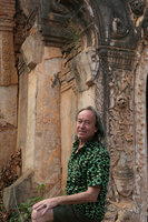 Patrick Blanc among pagoda ruins under the protective eye of a tokay gecko, Inle Lake, Myanmar, Dec. 2017