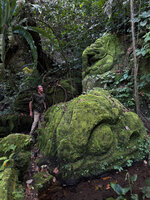Patrick Blanc among stone sculptures covered with algae and mosses in an old Temple ruins in the perhumid climate of Ayung River Gorge, Ubud, Bali, Aug. 2026
