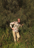 Patrick Blanc among the apical flowering twigs of a male vegetative population of Casuarina junghuhniana, Bromo caldera, Java, April 2018