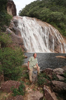 Patrick Blanc among the rheophytic Calliandra brevipes at the Rio Vermelho waterfall,, Serra do Tabuleiro, Santa Catarina, Brazil, Oct. 2018