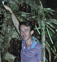 Patrick Blanc among tree roots, Saul, French Guyana, Feb. 1985