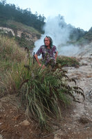 Patrick Blanc and a clump of Gahnia javanica around solfatars, Dieng, Wonosobo, Java, May 2018