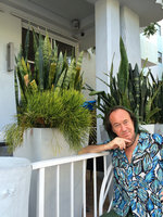 Patrick Blanc and a healthy huge fertile vegetative clump of Psilotum nudum invading a Sansevieria container, Miami Beach, Florida, July 2016
