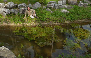 Patrick Blanc and a healthy population of the submerged Ottelia alismoides, Kanchanaburi, Thailand, Dec 2015