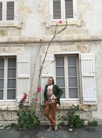Patrick Blanc and an endless flowering Alcea (syn. Althaea) rosea, La Rochelle, France, Oct. 2018