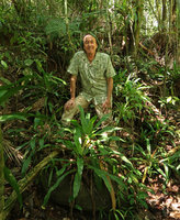 Patrick Blanc and a terrestrial population of Nidularium innocentii, Resurrection waterfall, Aguas Mornas, Santa Catarina, Brazil, Oct. 2018