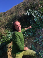 Patrick Blanc and Brassica oleracea on a vertical earth bank, Etretat, Normandy, France, Sept. 2015