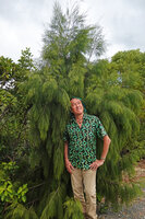 Patrick Blanc and Casuarina collina with long drooping branches, Thio, New Caledonia, Aug. 2023
