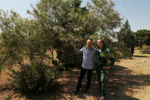 Patrick Blanc and Flavio Pollano in front of a flowering Chilopsis linearis, Botanical Garden,Tehran, Iran, Sept. 2017