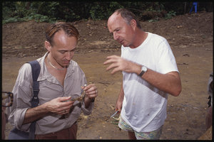 Patrick Blanc and Francis Halle looking at a botanical sample, Radeau des Cimes, Canopy Raft Expedition, Cameroon, 1991
