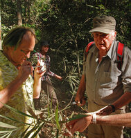 Patrick Blanc and Francis Hallé much intrigued by a specimen of Arenga caudata during the Canopy Raft, Radeau des Cimes expedition preparation, Phou Hin Poun NBCA, Khammouane, Laos, Jan. 2012