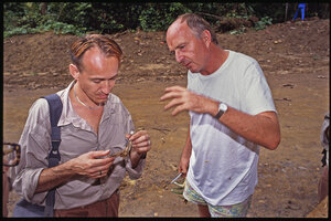 Patrick Blanc and Francis Hallé observing a botanical sample, Canopy Raft Expedition, Campo, Cameroon, Nov. 1991