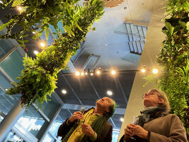 Patrick Blanc and Françoise Raynaud looking at the Living Pendants, DWS Gaston Rebuffat, Paris