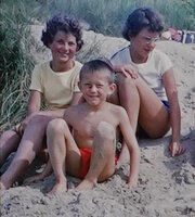 Patrick Blanc and girls in sand dunes, Cabourg, France, July 1960