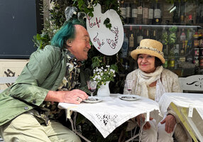Patrick Blanc and Gloria at her Café Litteratum, rue des Ecoles, Paris, April 2025