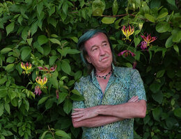 Patrick Blanc and Gloriosa superba, Lupita island, Kipili, Lake Tanganyika, Tanzania, Jan. 2021