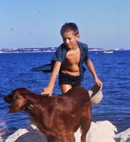 Patrick Blanc and his dog Jisky, Golfe Juan, Aug. 1964