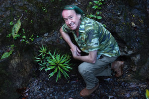 Patrick Blanc and Lobelia nubicola on seeping mossy rock, Biotopo del Quetzal, Baja Verapaz, Guatemala, Jan. 2020