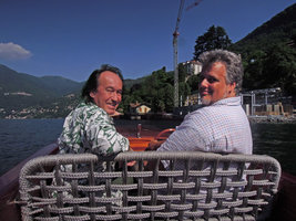 Patrick Blanc and Luis Contreras on boat, in front of the new hotel project, Como lake, Italy, June 2015