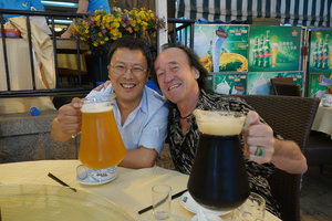 Patrick Blanc and Mr Meng toasting with fresh Tsingtao beer, Qingdao, China, July 2015