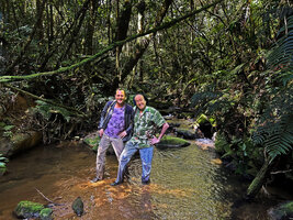 Patrick Blanc and Pascal Héni in a forest stream bed, Mantadia NP, Madagascar, Aug. 2024