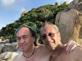 Patrick blanc and Pascal Heni in front of a wind exposed cliff covered by small trees and emerging Dracaena cochinchinensis, Nui Chua NP, Vietnam, Nov. 2019