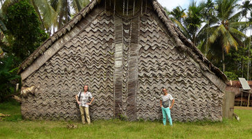 Patrick Blanc and Pascal Heni in front of the Men house, Karawari, Sepik, Papua New Guinea, March 2016