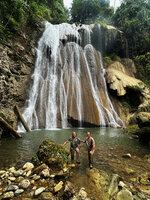 Patrick Blanc and Pascal Héni in the habitat of Homalomena stollei, a rheophyte from limestone substrates, War Inkabom Waterfall, Batanta, West Papua, May 2025