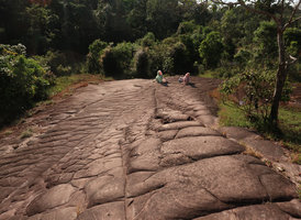Patrick Blanc and Pascal Heni lying down a soft breast sandstone formation, Phu Hin Rong Kla NP, Phitsanulok, Thailand, Nov. 2018