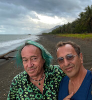 Patrick Blanc and Pascal Heni on the black sand beach at sunset, Ouroue, Thio, New Caledonia, Aug. 2023