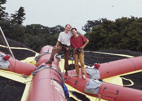 Patrick Blanc and Pascal Heni on the Radeau des Cimes, Canopy Raft, Campo, Cameroun, 1991
