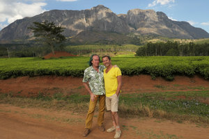 Patrick Blanc and Pascal Heni standing in front of Mount Mulanje, Malawi, Aug. 2017